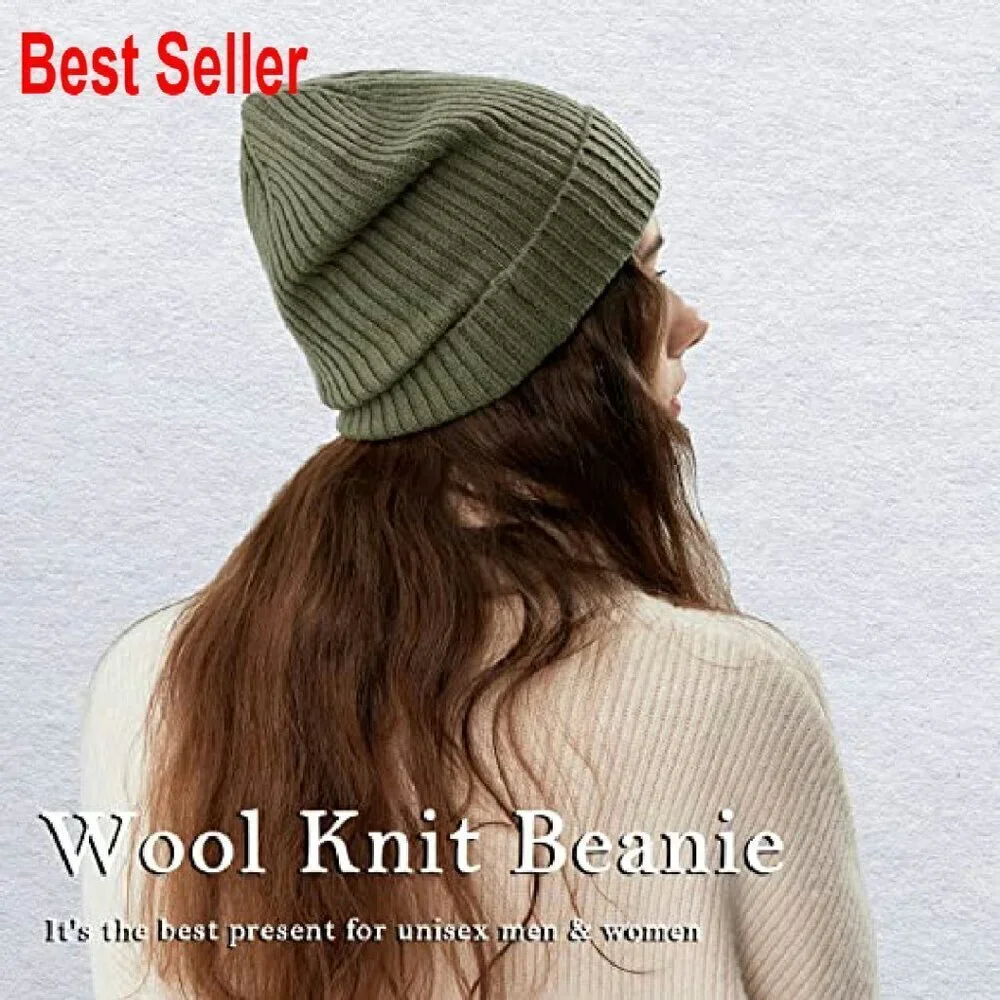 Merino Wool Cuff Beanie Unisex Warm Winter Cap Stretchy Knitted Cozy Chic